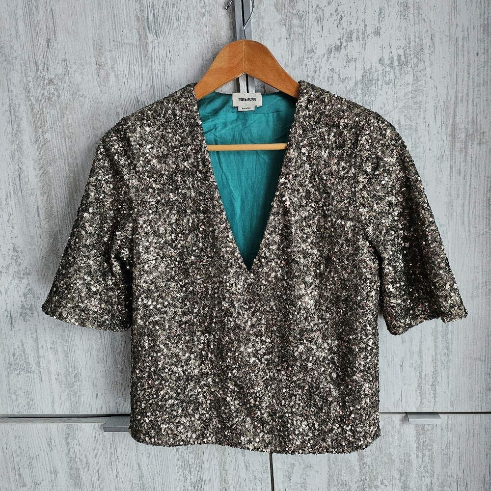 Zadig & Voltair Gold Sequin V-Neck Blouse XS, S